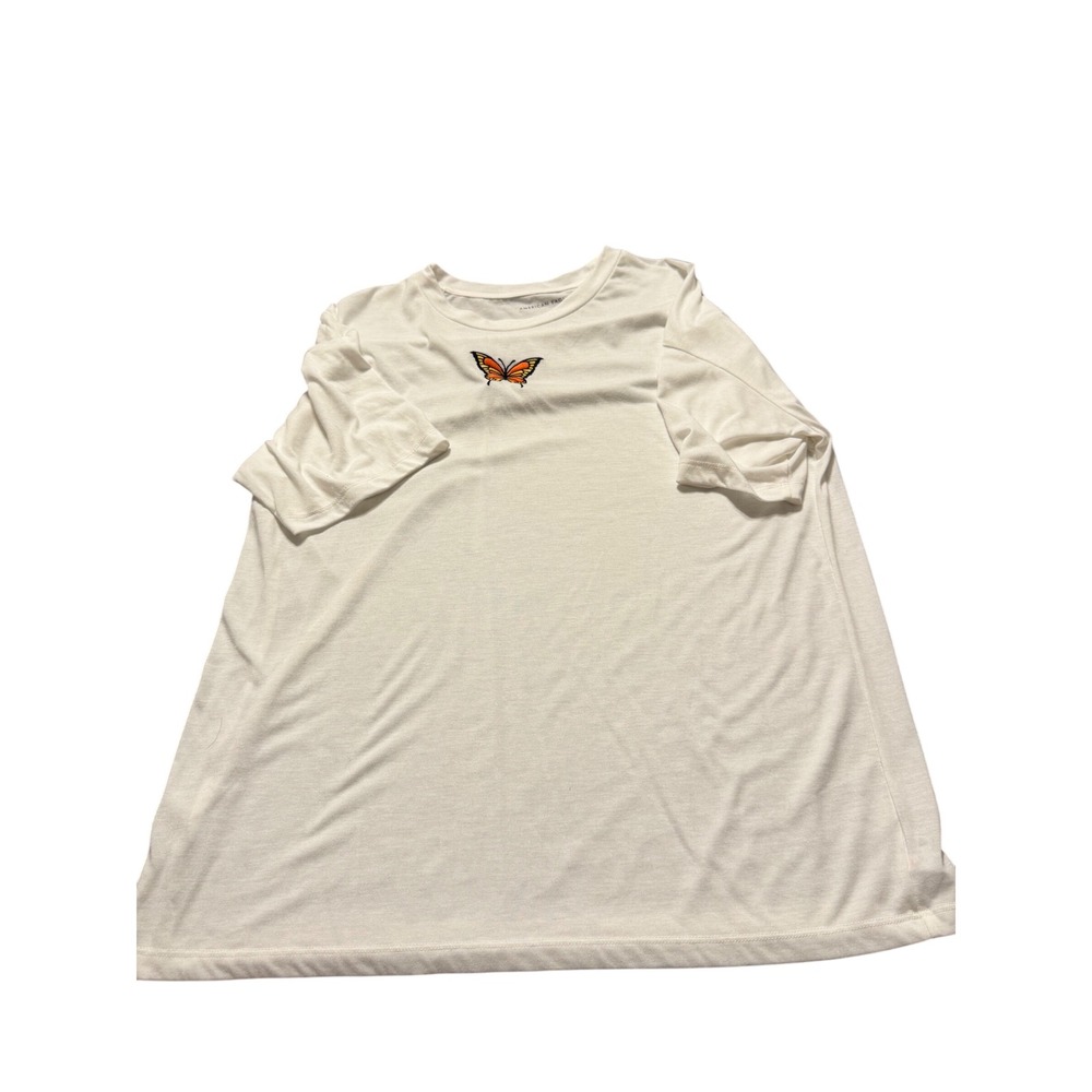 American Eagle Butterfly Embroidered TShirt‎ Women M White Short Sleeve Casual